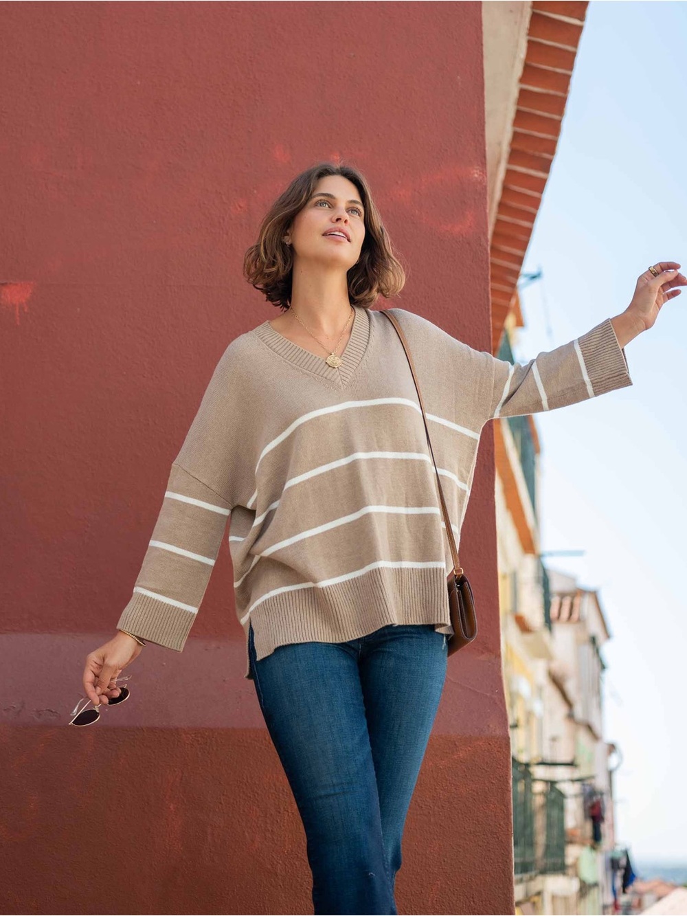 Montauk V-Neck Sweater By MerSea OS Tan Cream Cotton Blend Oversized Striped